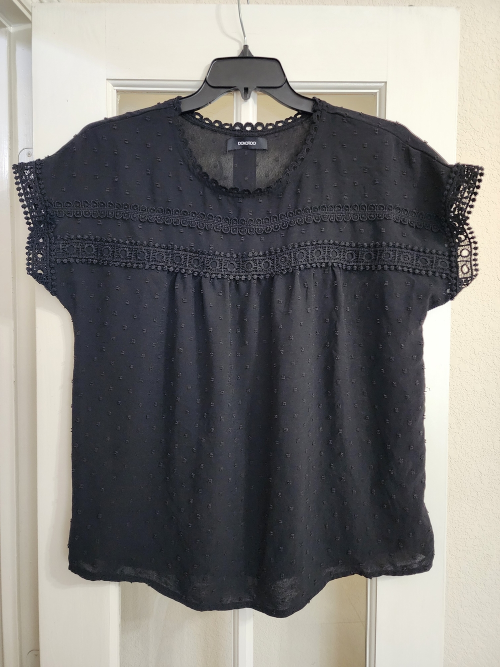 Dokotoo Black Swiss Dot Crochet Lace Boho Blouse Top Large